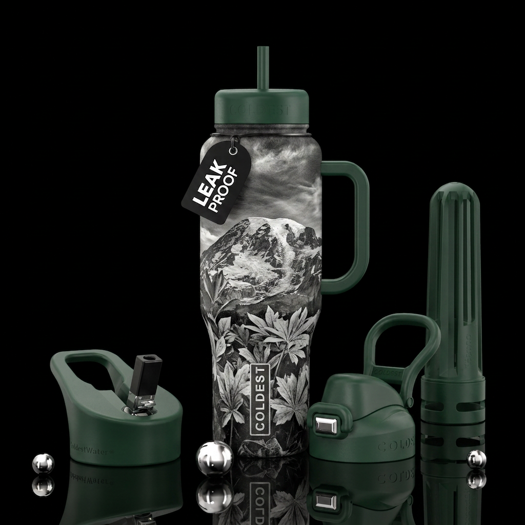 Ansel Adam's print leaves, Mt Rainier water bottle design