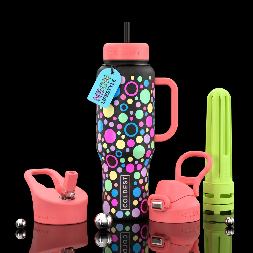 Neon and pastel circles around the bottle the whol... water bottle design