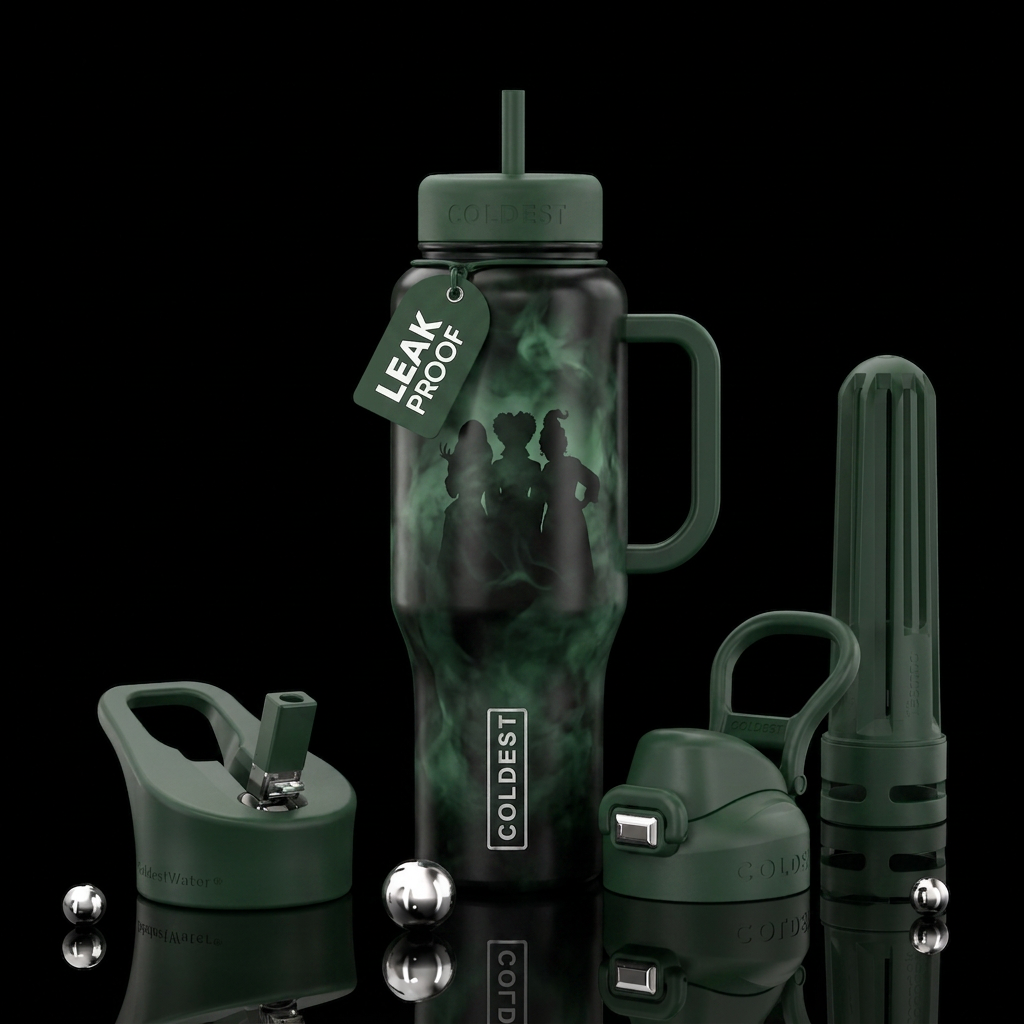 Dark green and black smokey bottle with the silhou... water bottle design