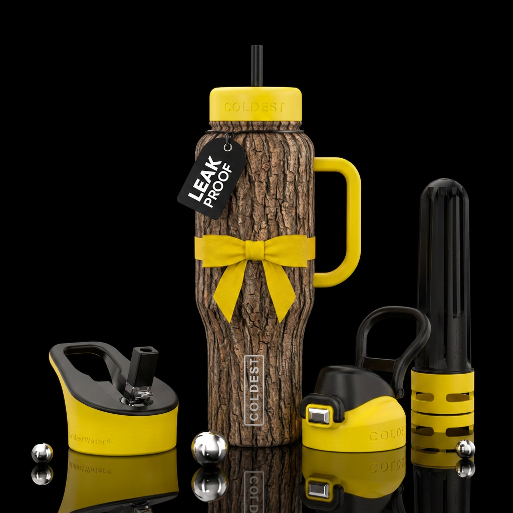 Tree bark around whole bottle with a yellow ribbon... water bottle design