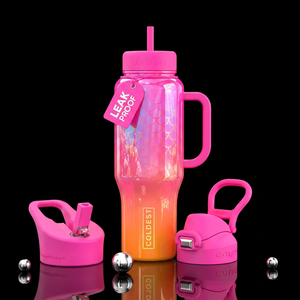 Neon pink and orange mermaid bottle 32oz go style water bottle design