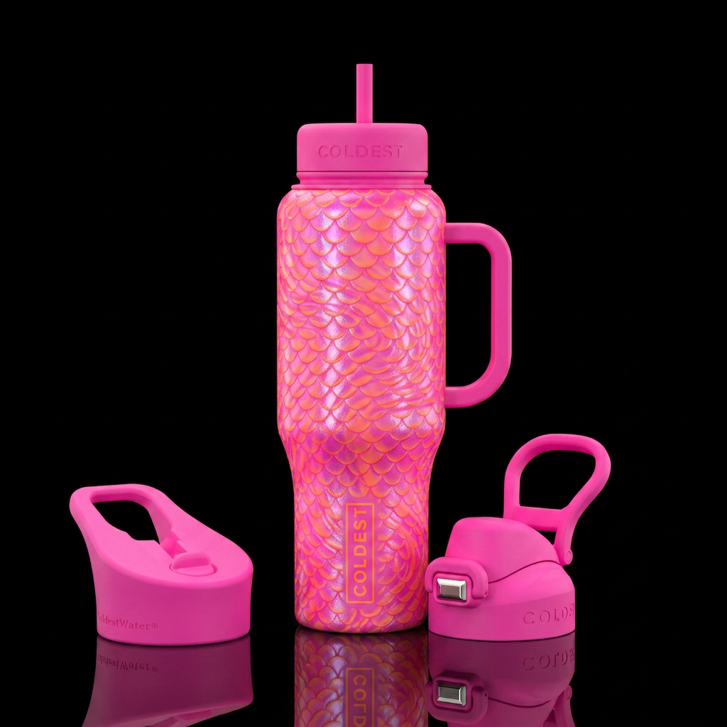 Neon pink and orange mermaid bottle 32oz go style water bottle design