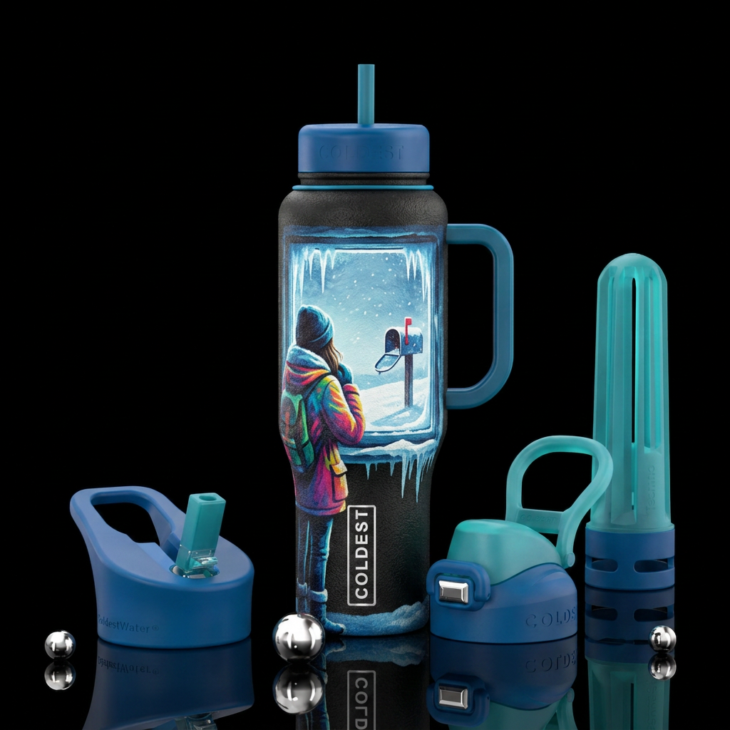 Staring out a window waiting for coldest mail to a... water bottle design
