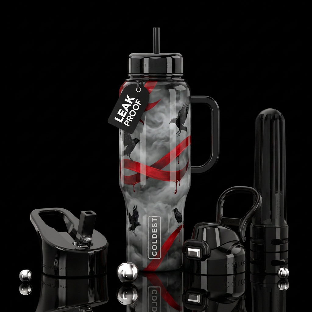 Shiny black bottle with Grey foggy clouds with cro... water bottle design