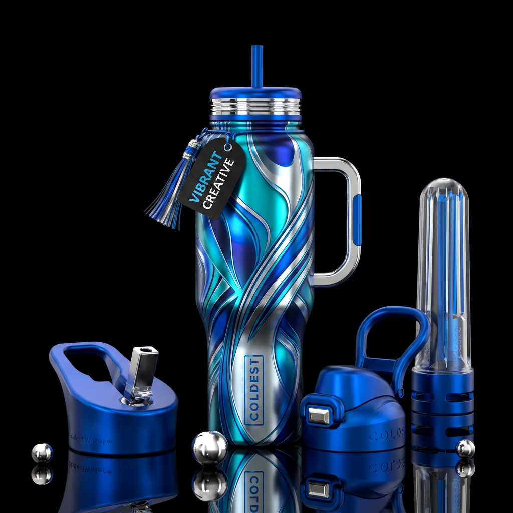 Silver handle with silver and blue bottle with abs... water bottle design