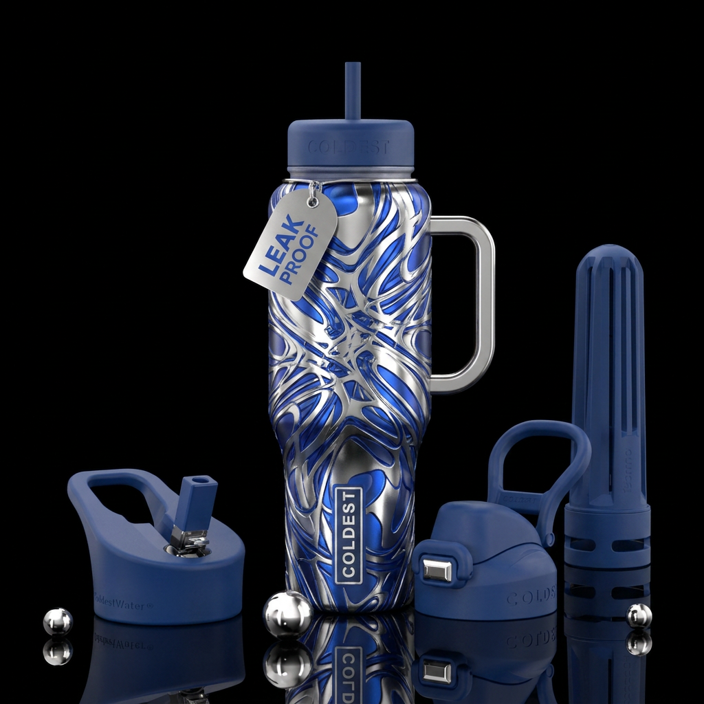 Silver handle with silver and blue bottle with abs... water bottle design