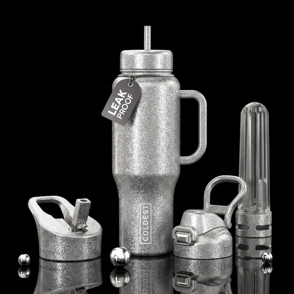 Silver glitter bottle with a texture pattern in it water bottle design