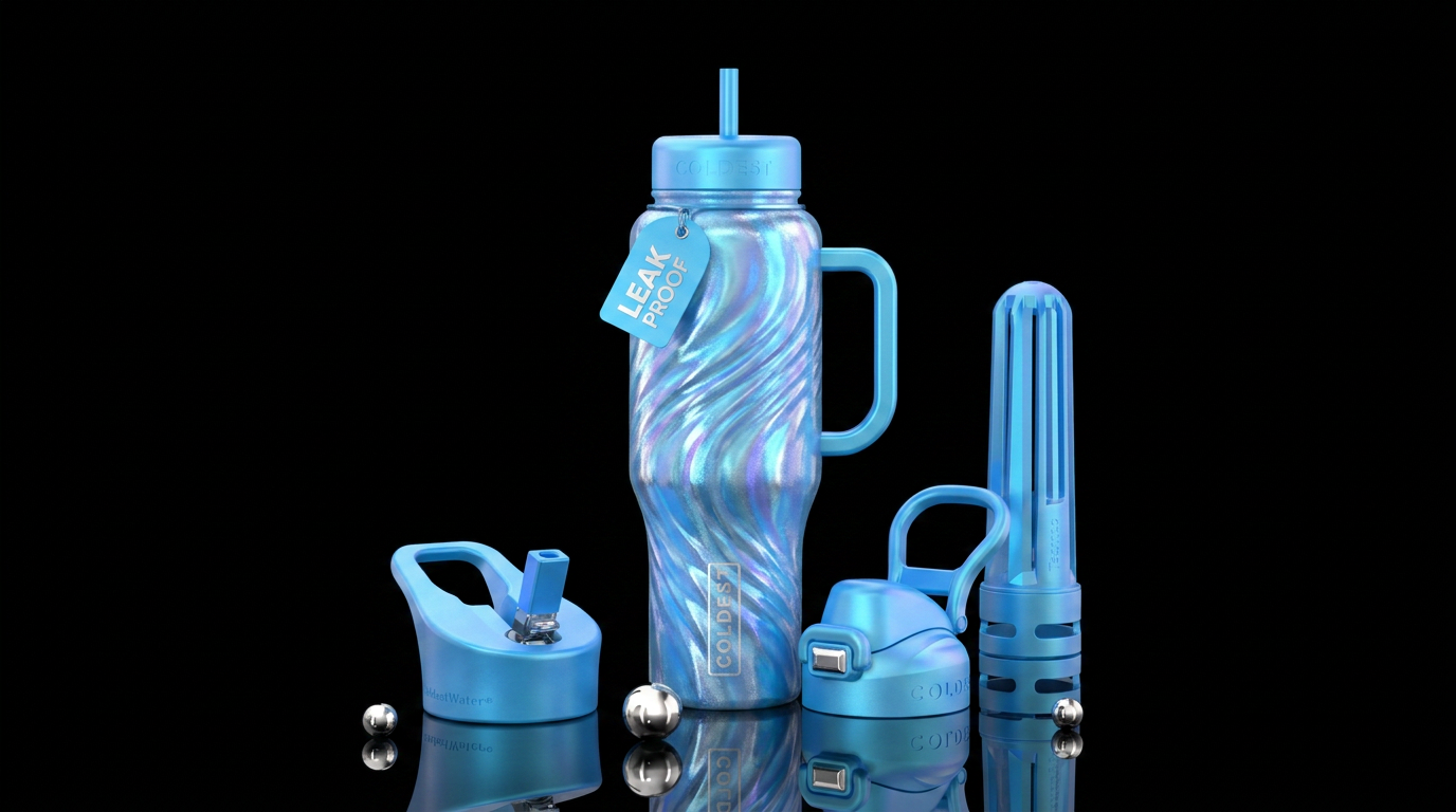 Ice blue bottle with iridescent waves in it water bottle design