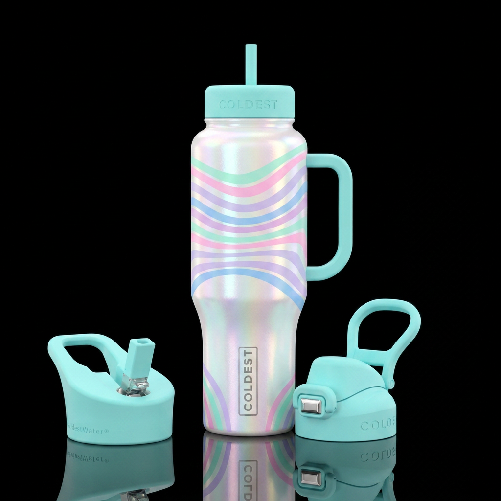 Iridescent white bottle with wavy pastel rings goi... water bottle design