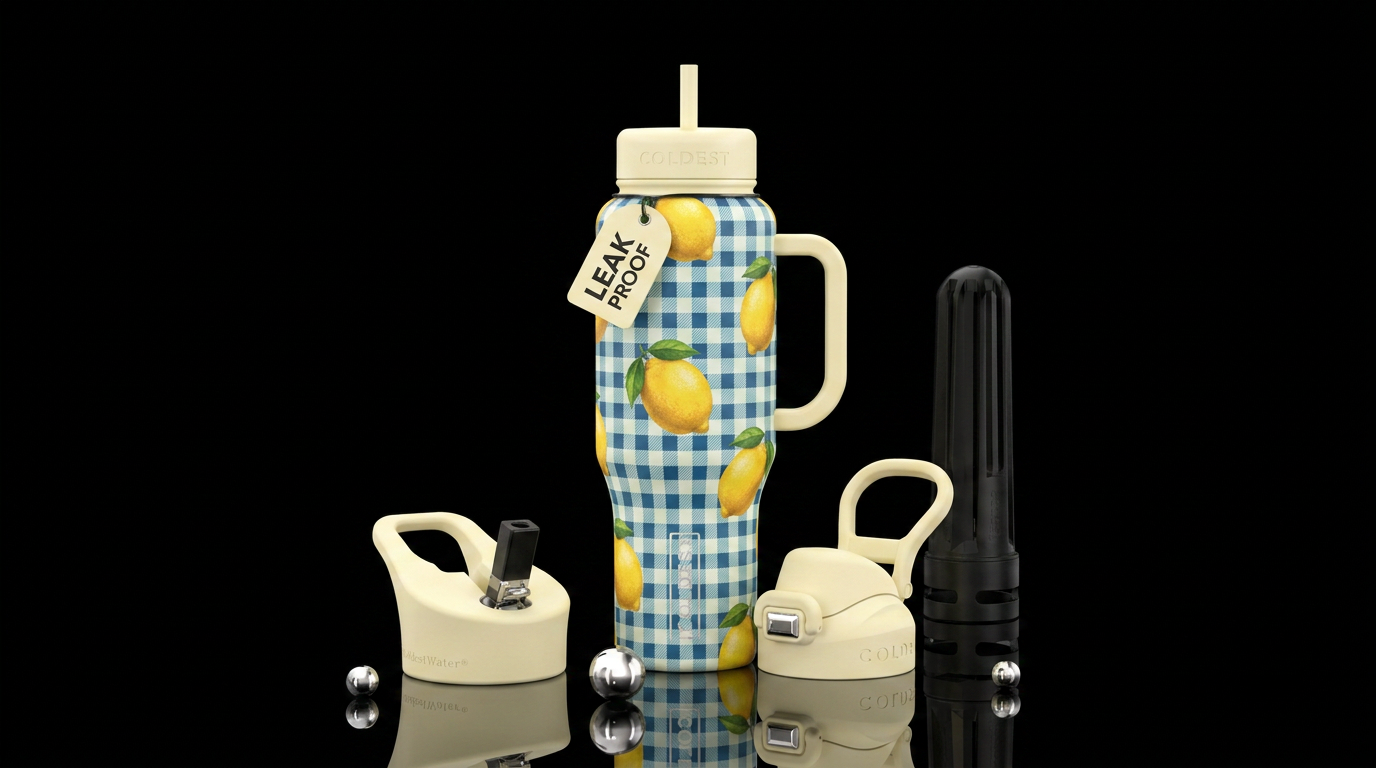 Cream colored bottle with light blue and dark blue... water bottle design