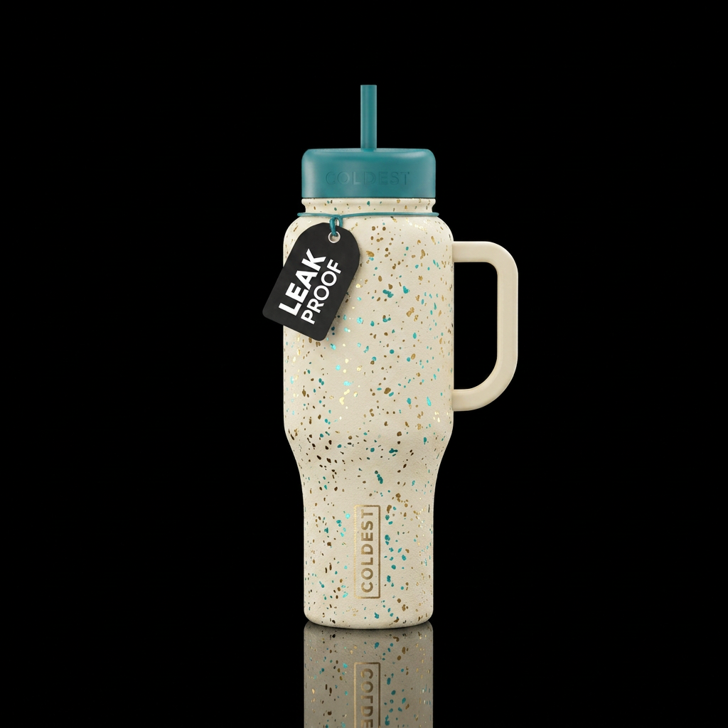 Gold and light teal flecks in a cream colored bott... water bottle design