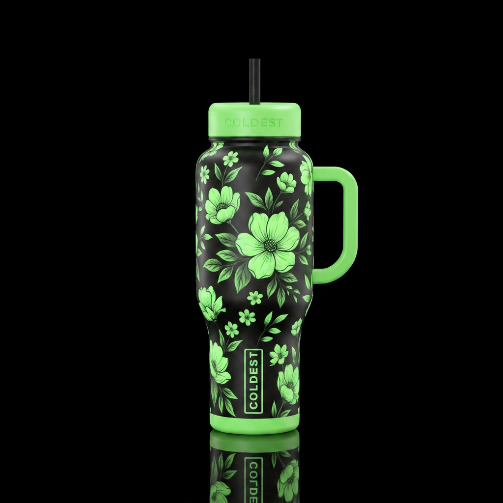 Neon green moonlight floral water bottle design