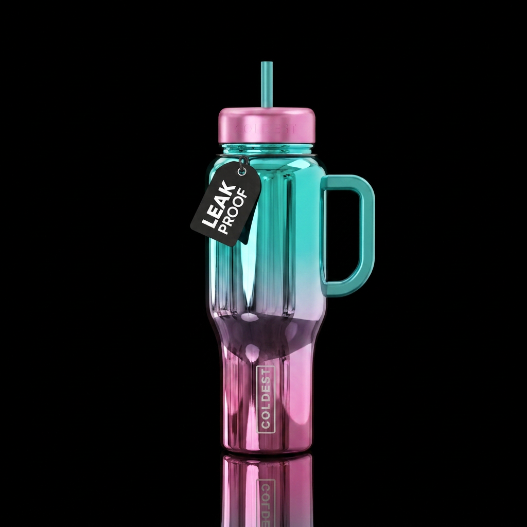 Teal to pink chrome water bottle design