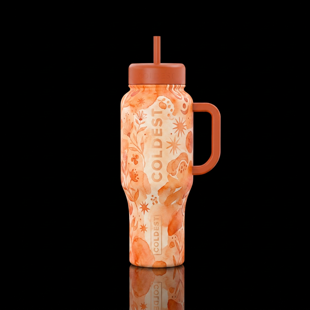 orange, whimsical, abstract, watercolor, bohemian,... water bottle design