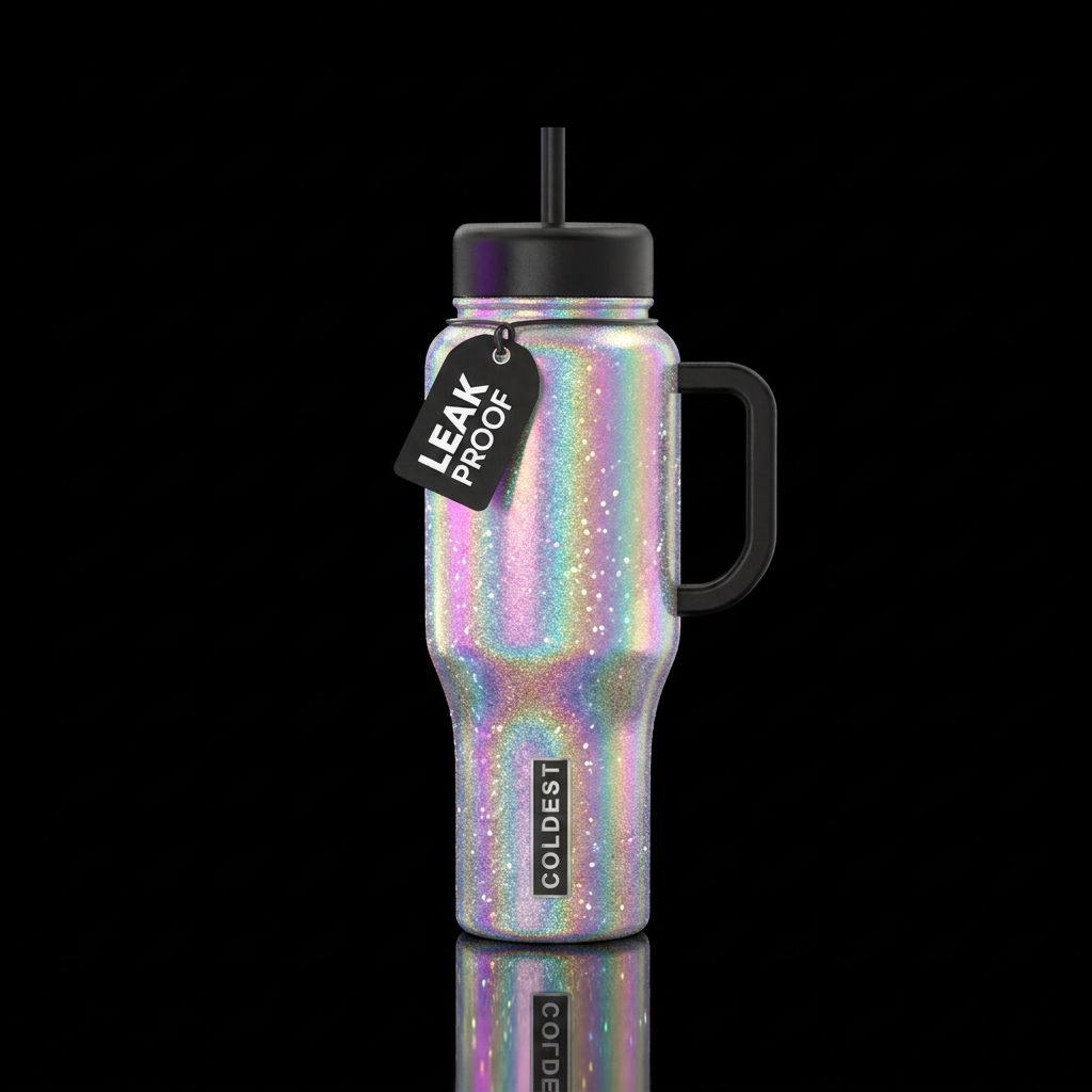 glowie, sparkly, holographic water bottle design