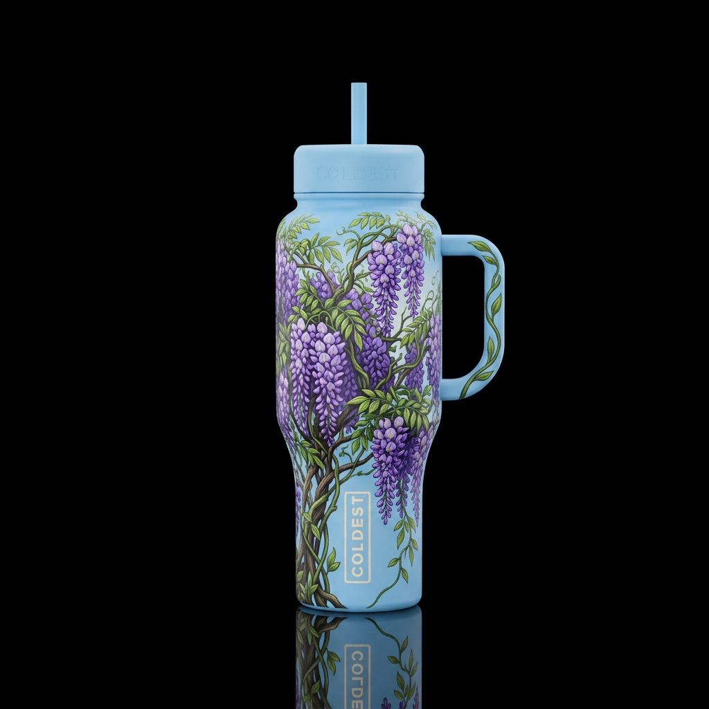 A cup that has a giant wisteria bush on it from wh... water bottle design