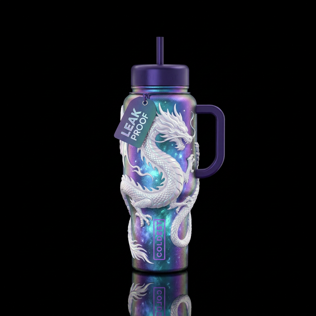 Create a holographic cup with a Chameleon color sh... water bottle design