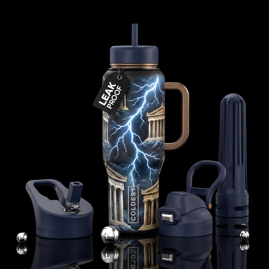 Thermos with old Greek buildings and lightning bol... water bottle design