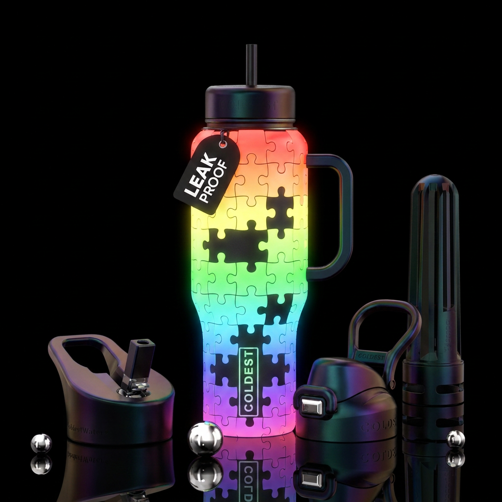 Thermos made out of incomplete puzzle pieces rainb... water bottle design