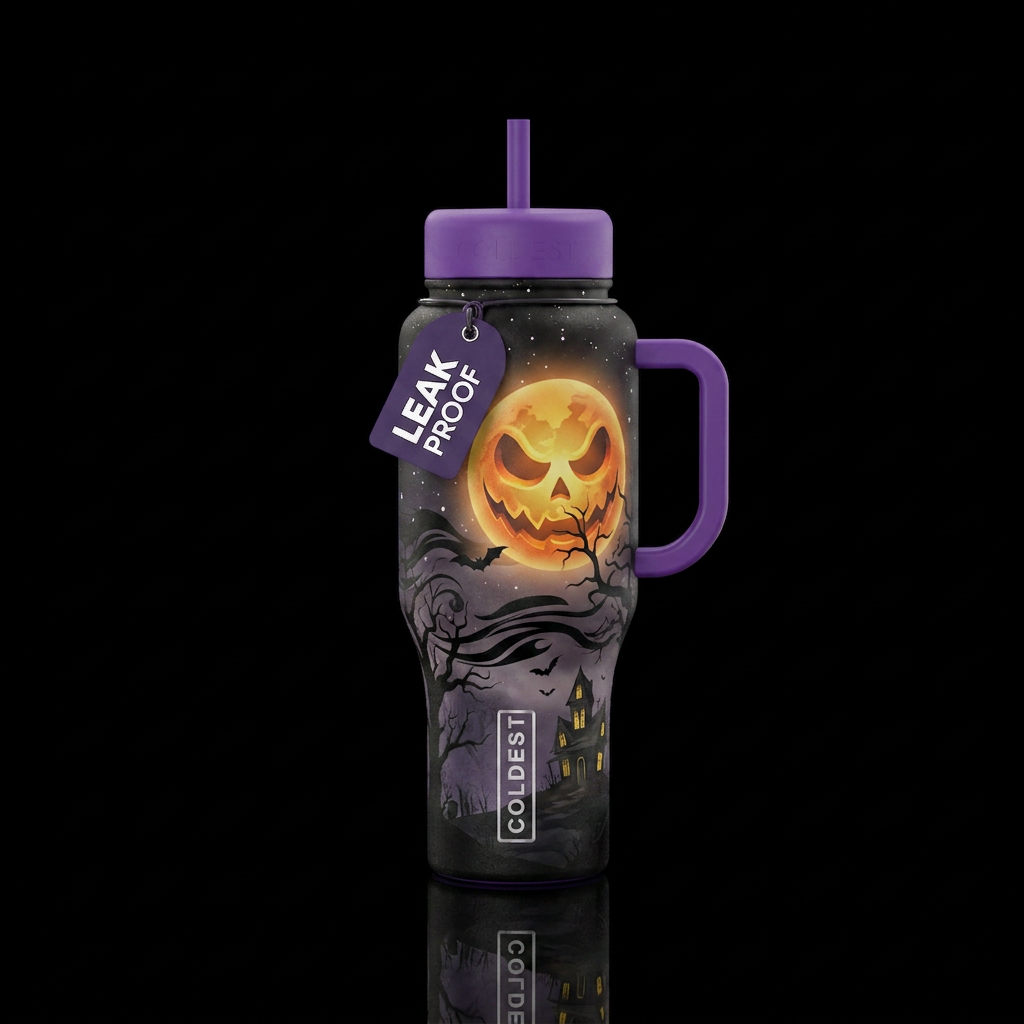 Eerie Halloween night with large scary moon water bottle design