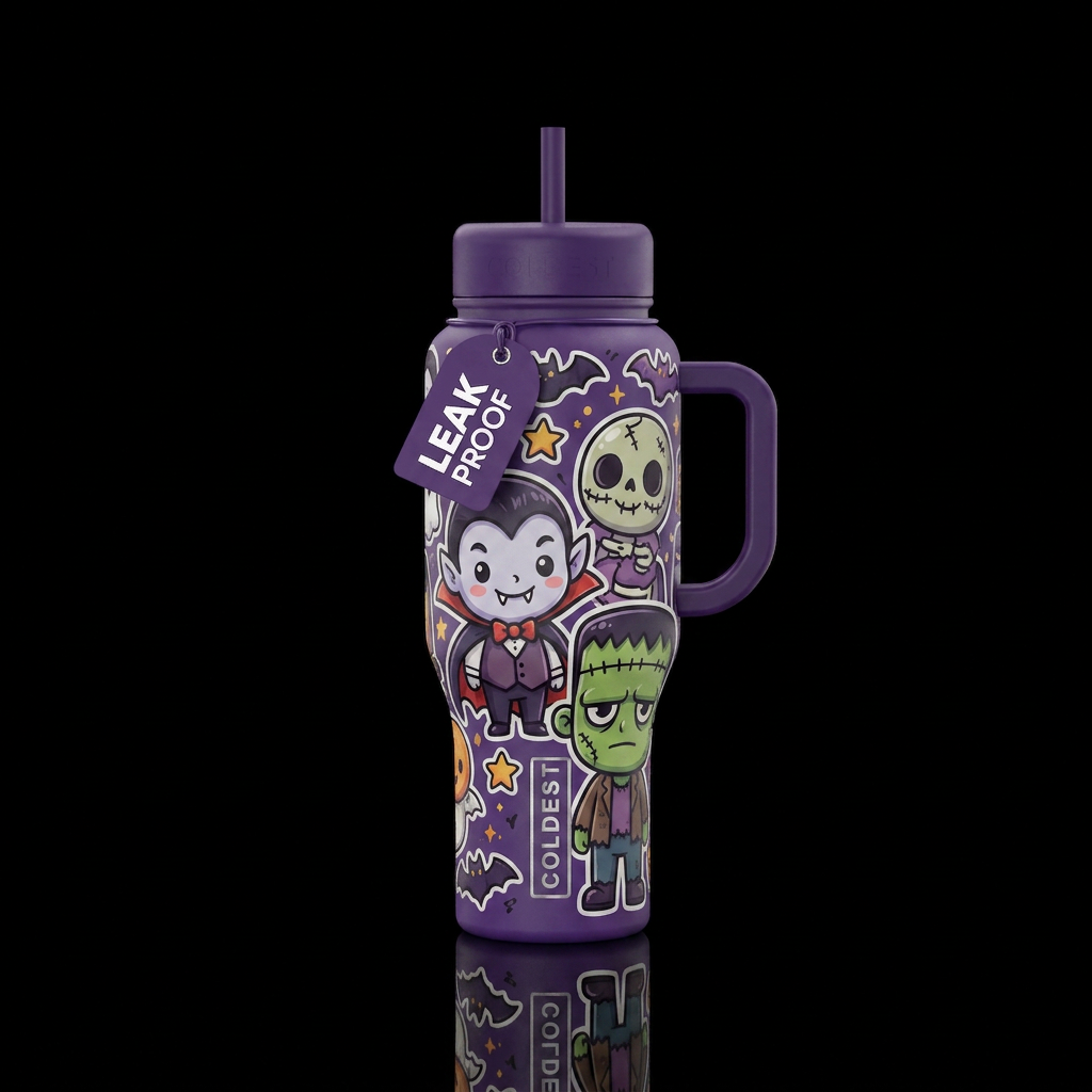 Baby vampire and Frankenstein cartoon water bottle design