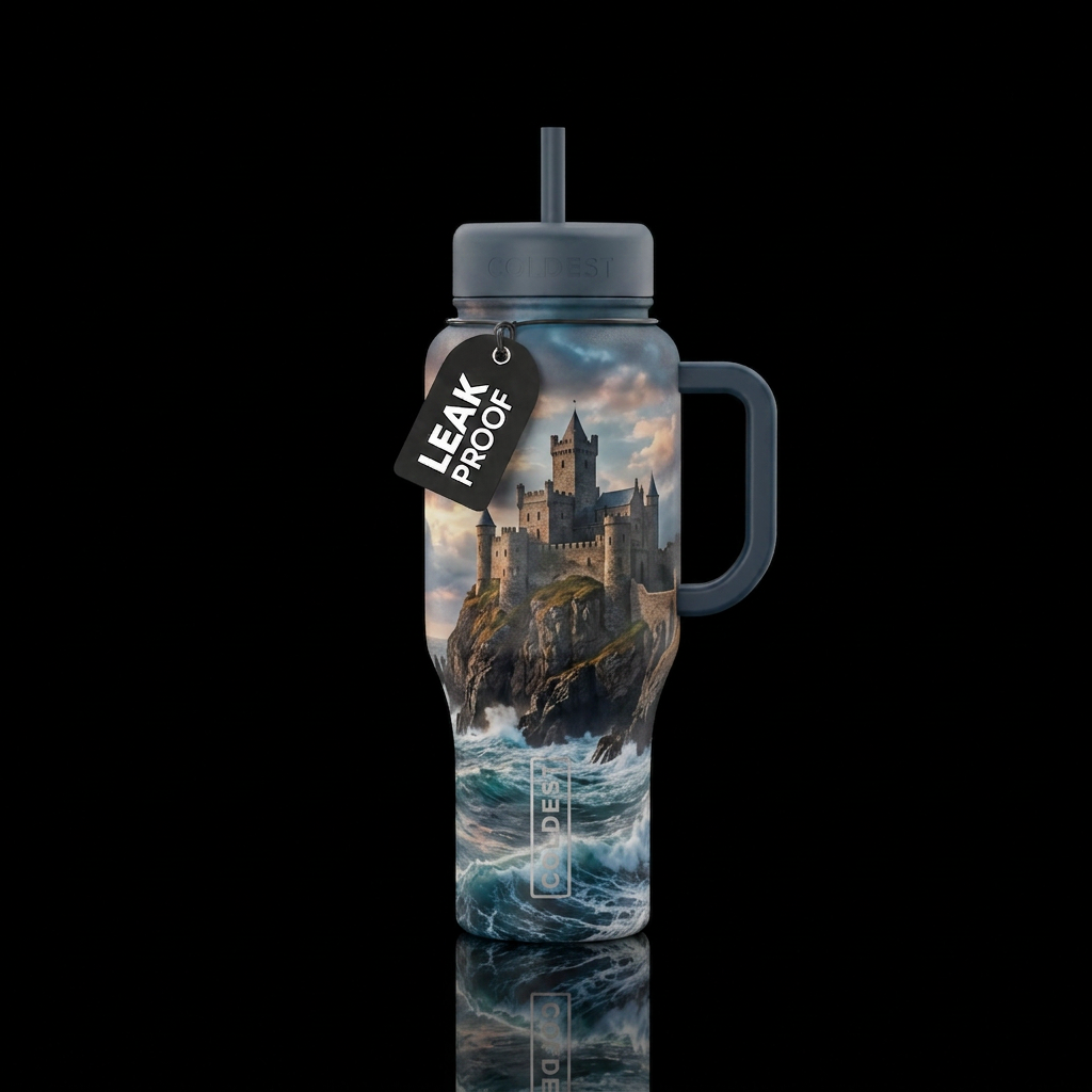 Ancient castle on hilltop over a raging ocean water bottle design