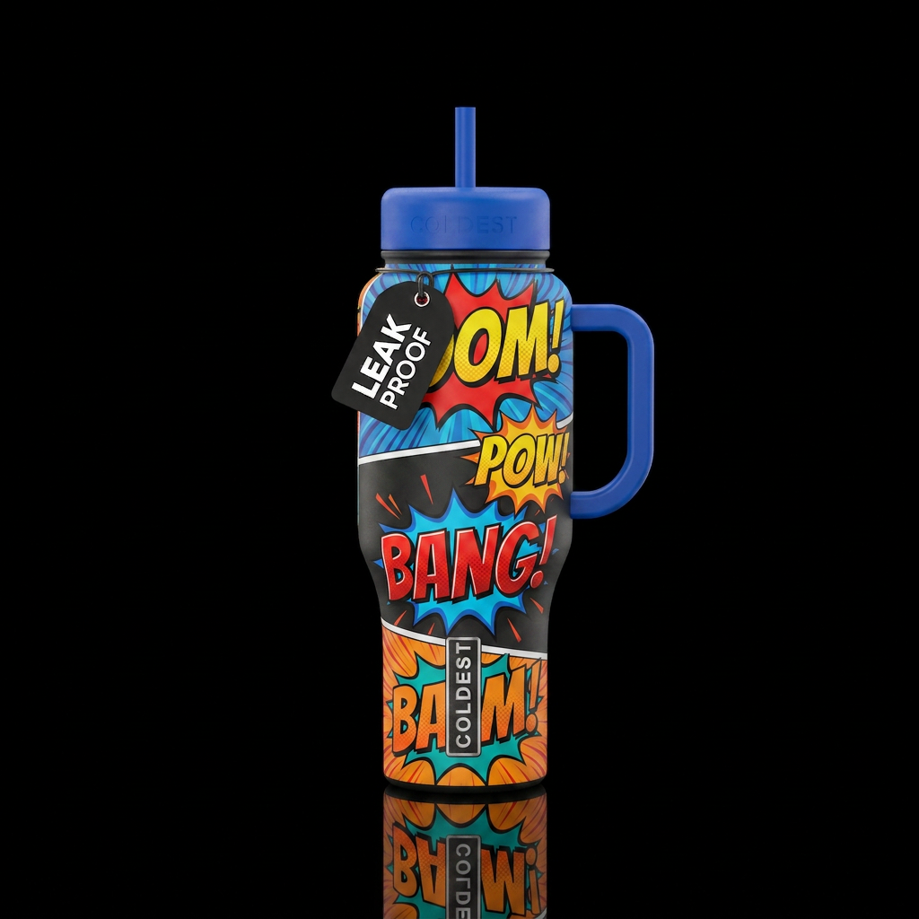 Boom pow bang bam water bottle design
