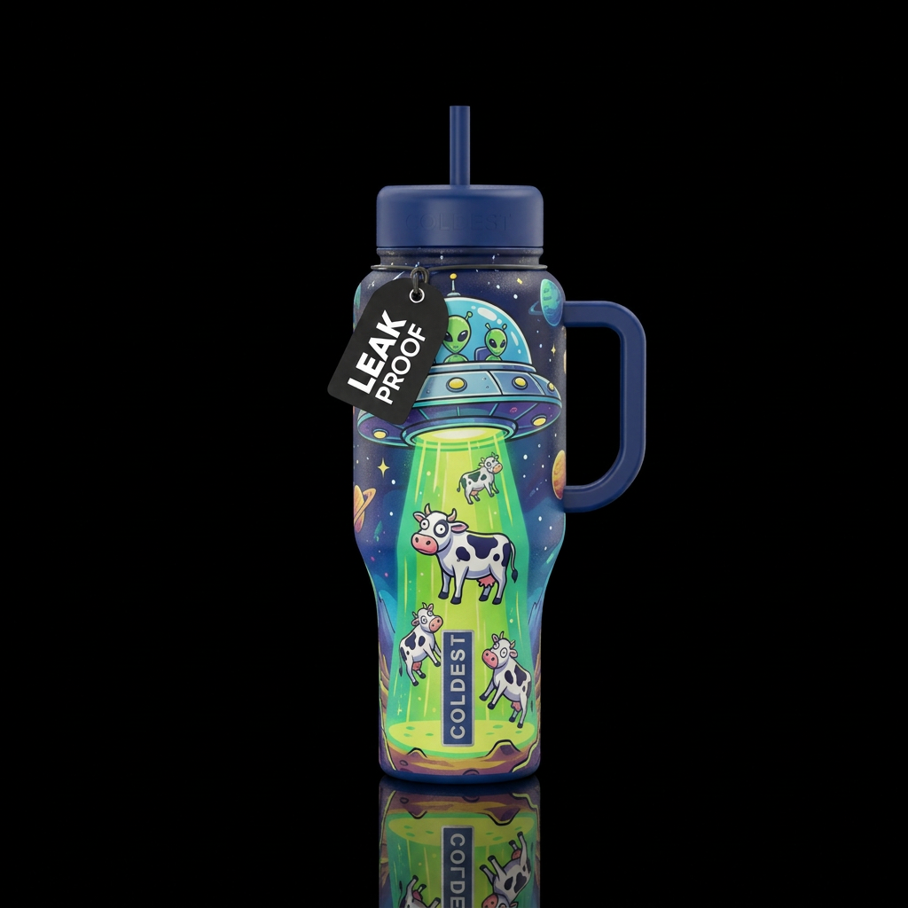 Funny alien spacecraft beaming up cows water bottle design