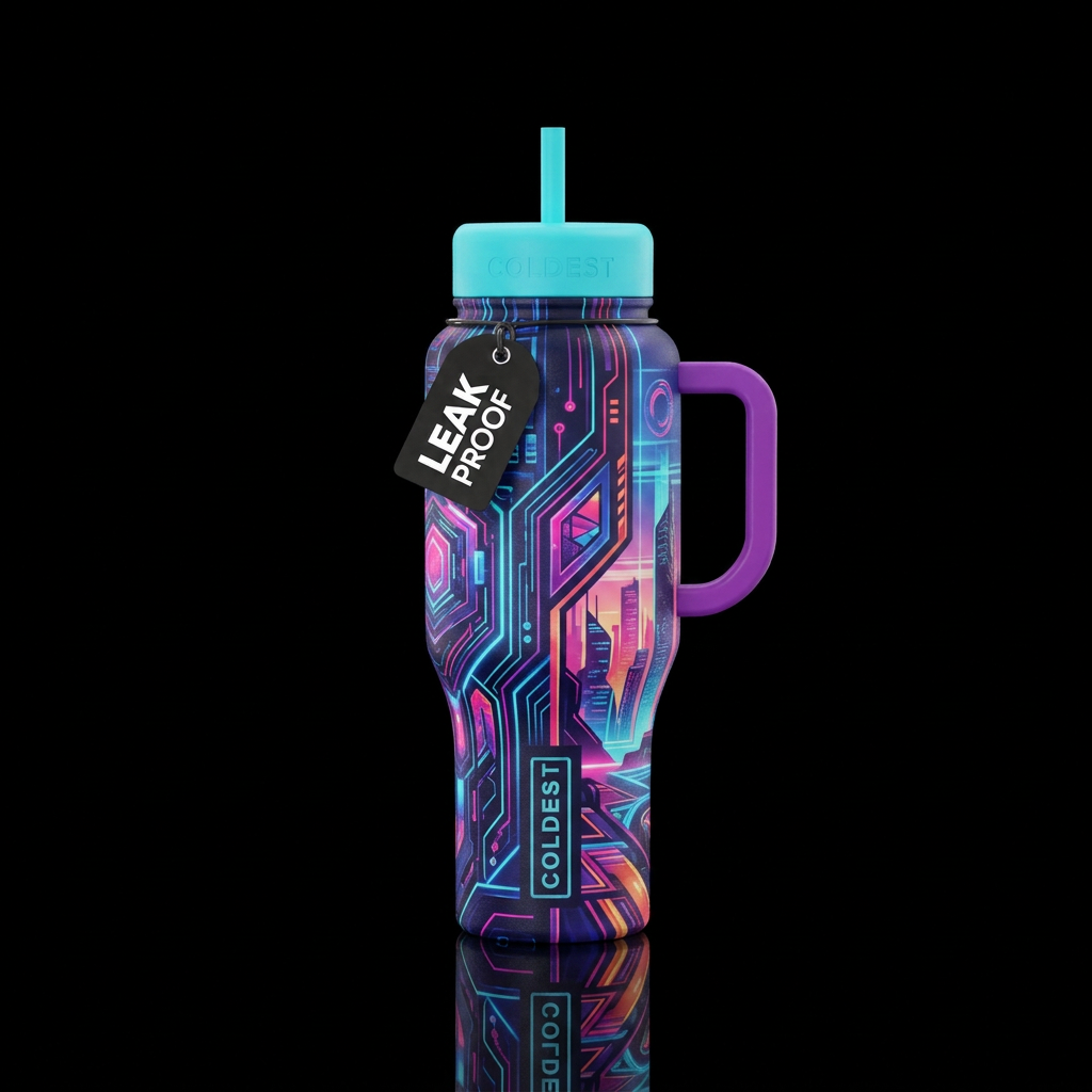Cyberpunk futuristic colorful water bottle design