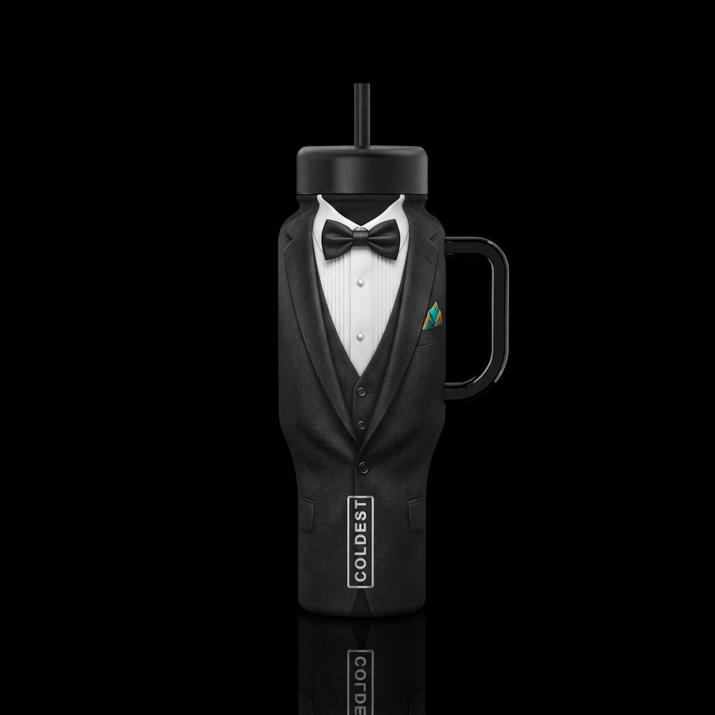 Dressed in a tuxedo water bottle design