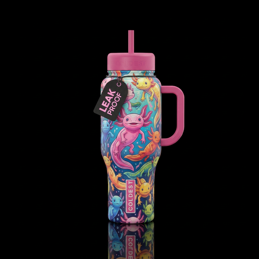 Colorful Axolotls water bottle design