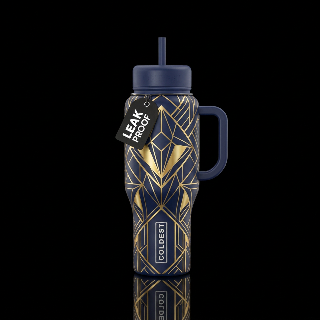 Navy blue and gold geometric design water bottle design