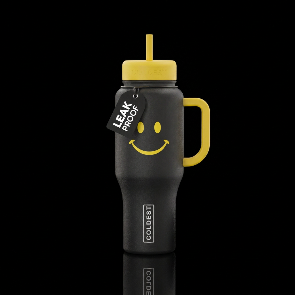 Simple yellow smile emoji water bottle design