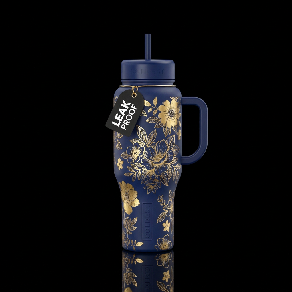 Golden flowers on a navy blue bottle water bottle design