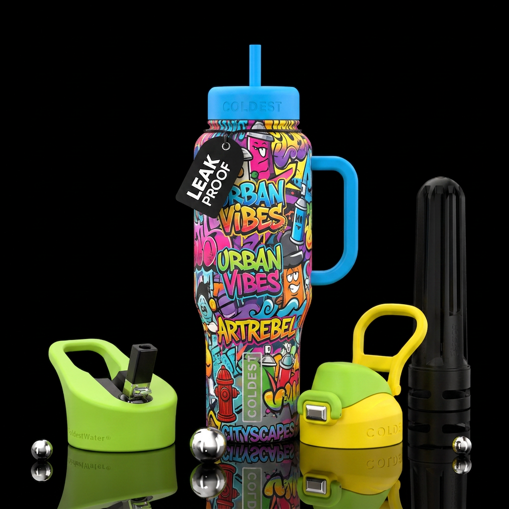 vibrant, street art water bottle design