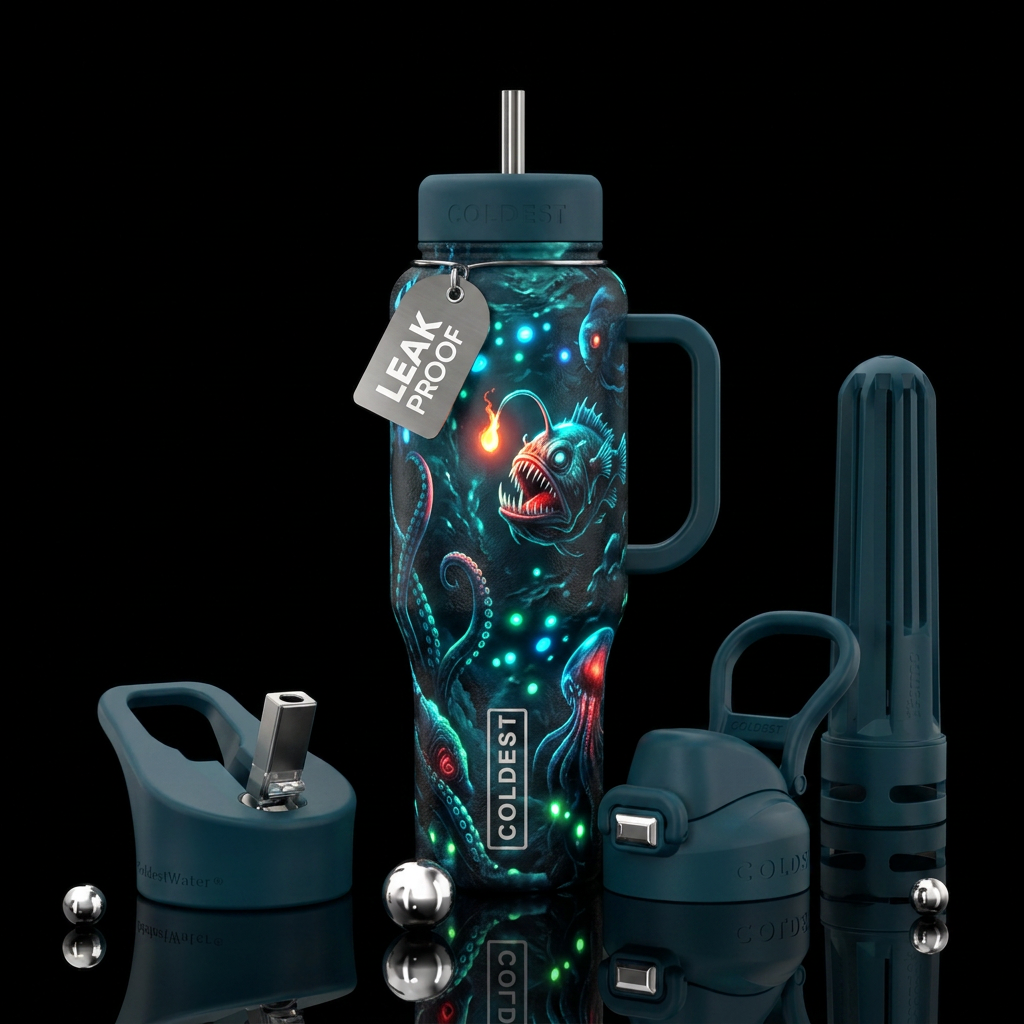 glowie, ocean, scary water bottle design