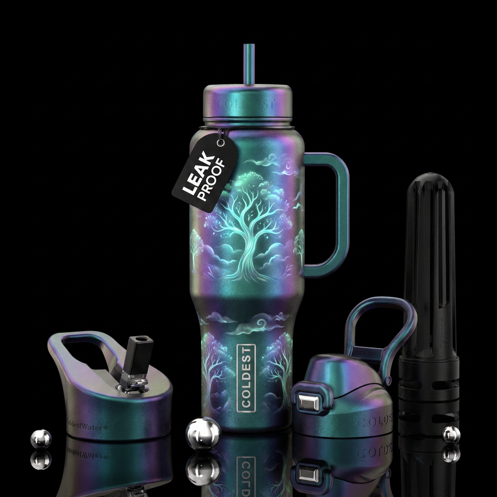 glowie, trees, clouds, irridescent water bottle design