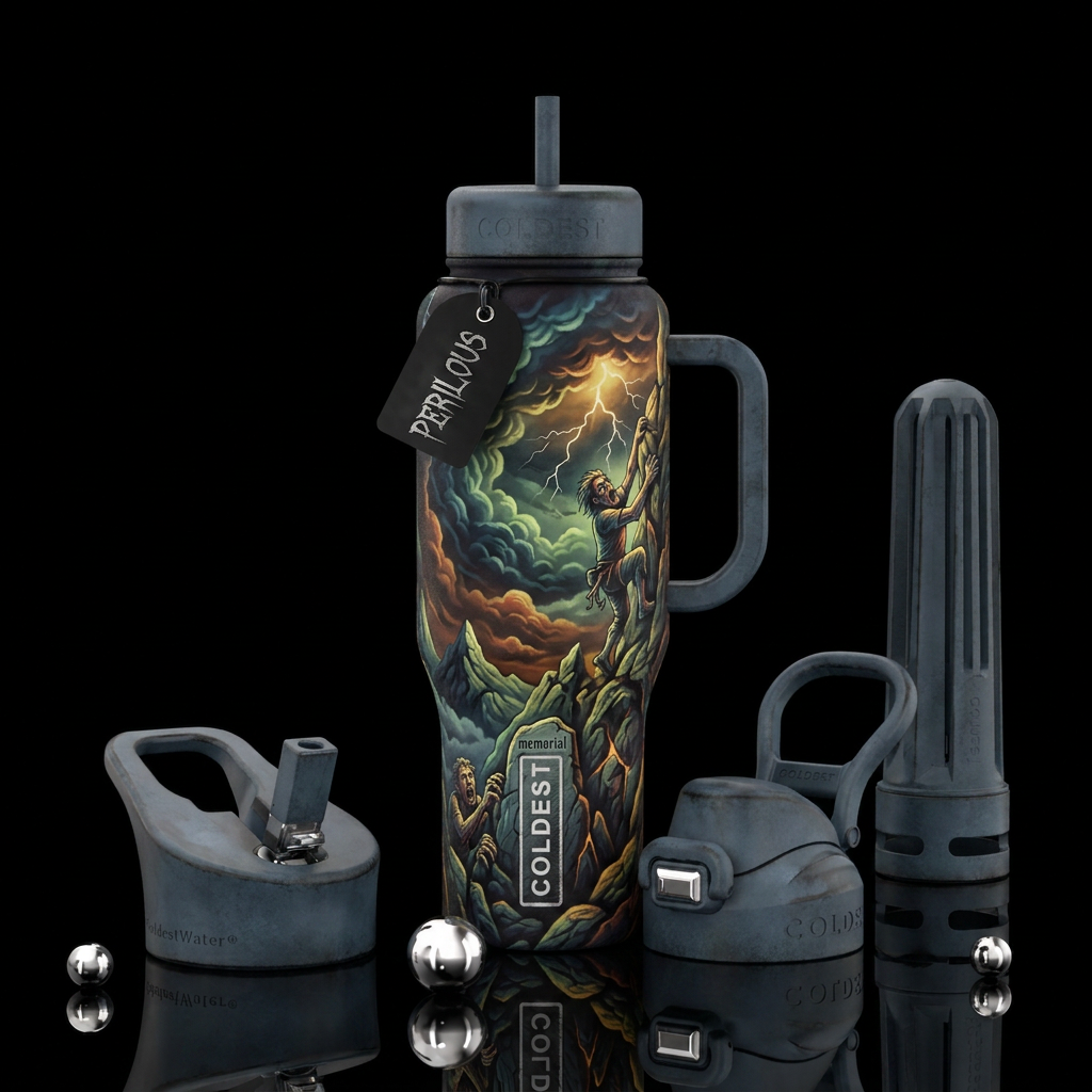 rock climbing, scary, clouds water bottle design