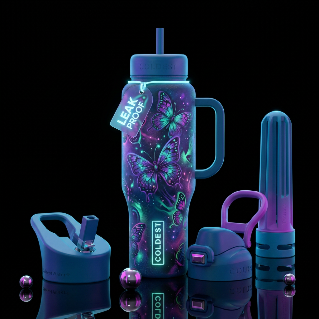 spray painted, butterfly, glowie water bottle design