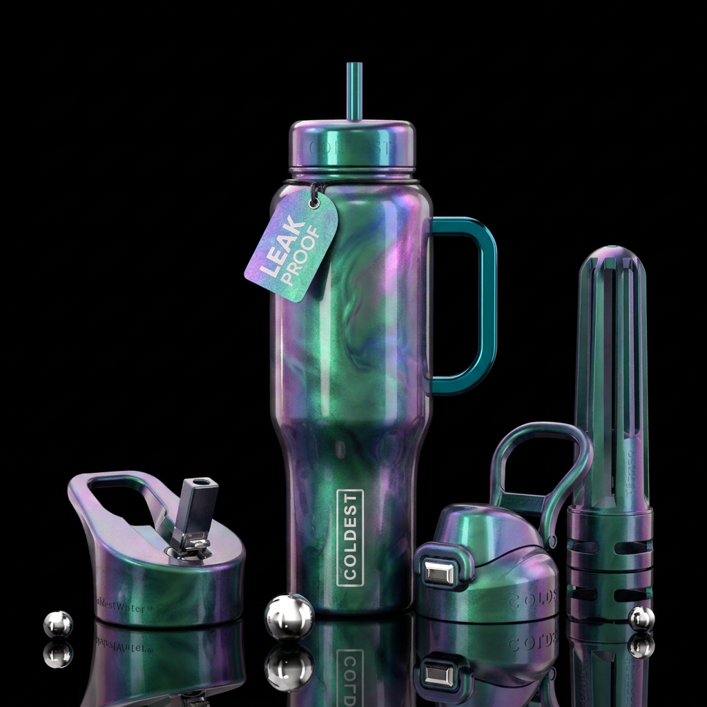 northern lights, irridescent water bottle design