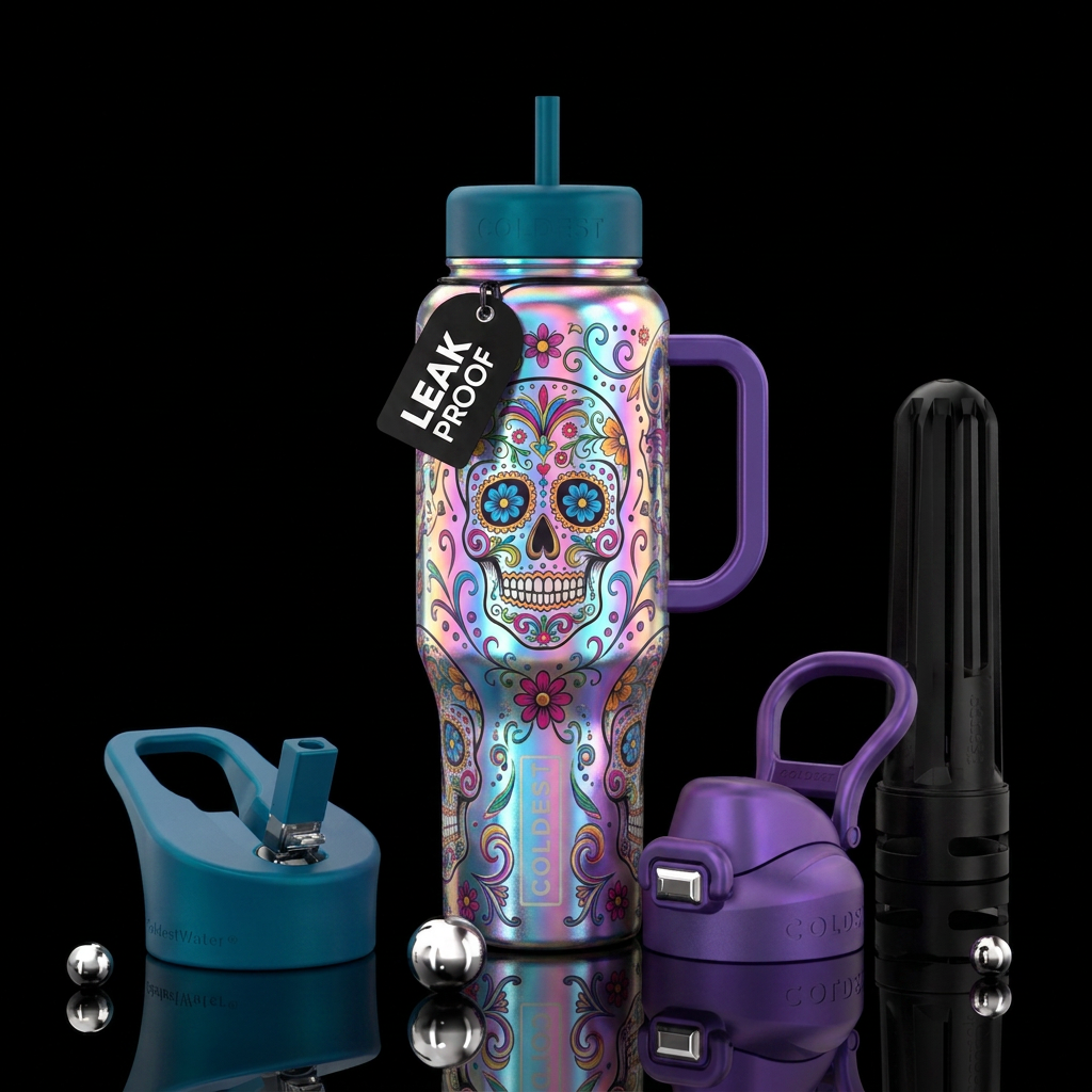 day of the dead, irridescent water bottle design