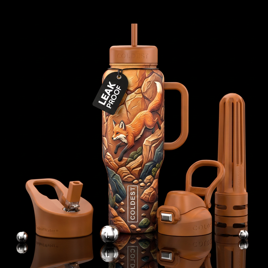 fox playing in rocks water bottle design