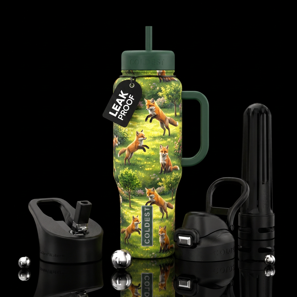 foxs playing front lawn water bottle design