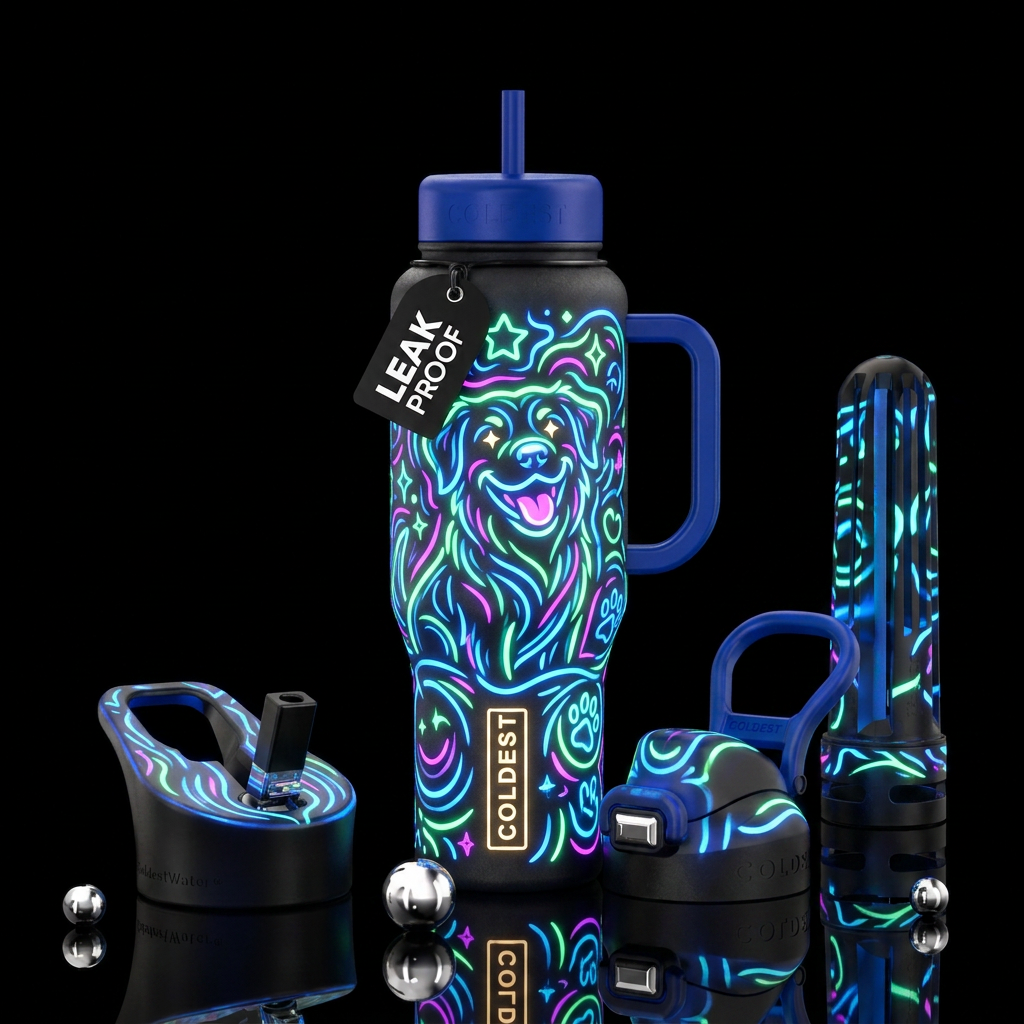 glowie, dog, happy mood water bottle design
