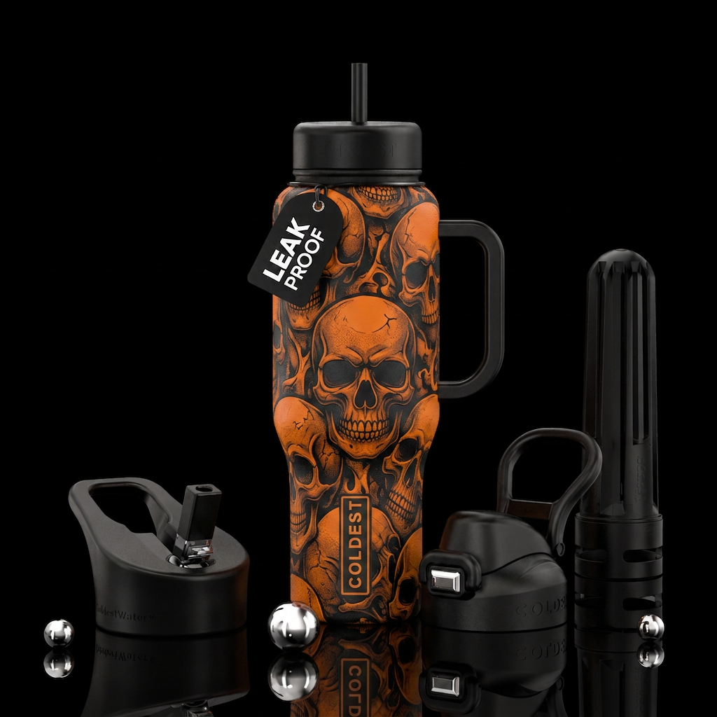 skull  black orange water bottle design