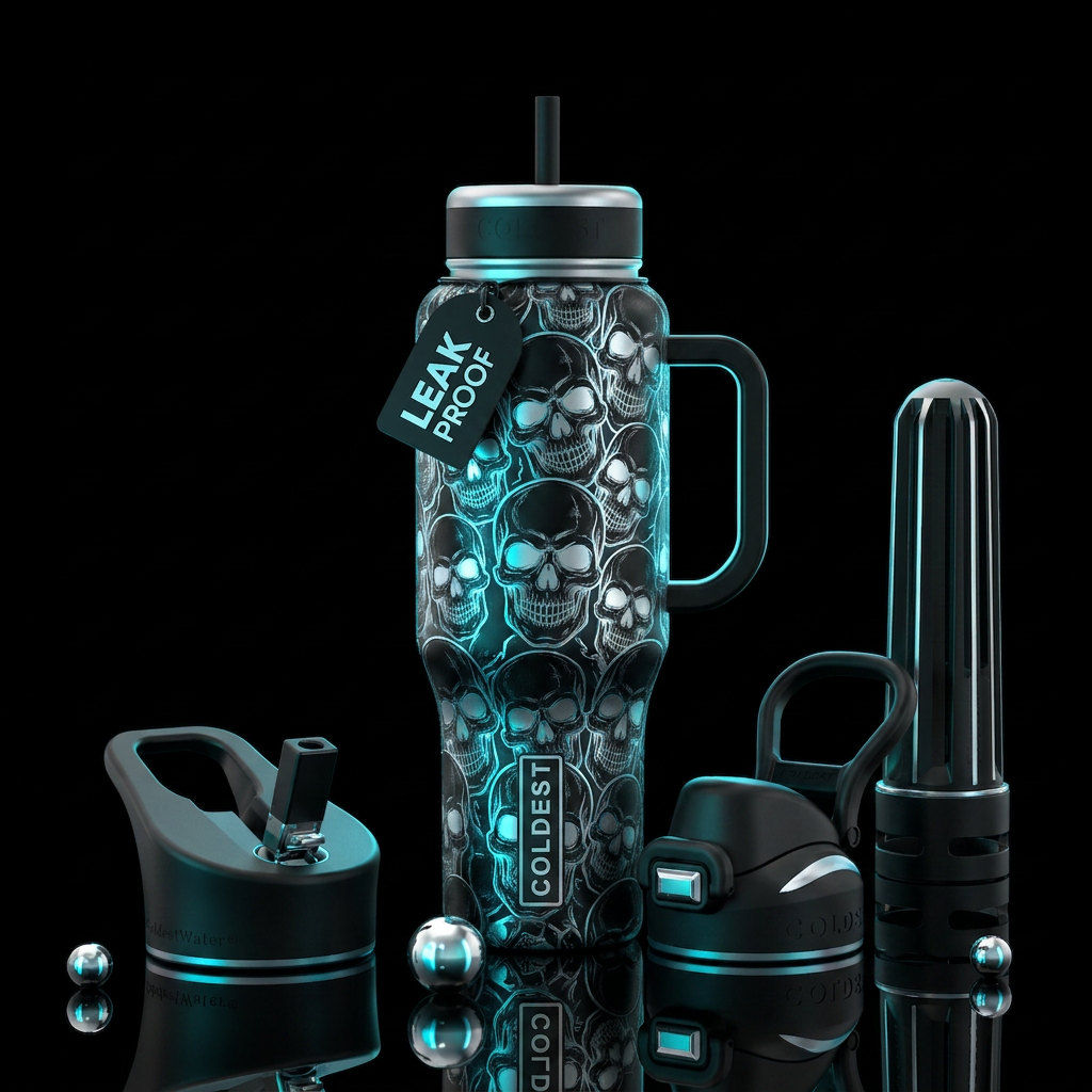 glowie black and sliver skulls water bottle design