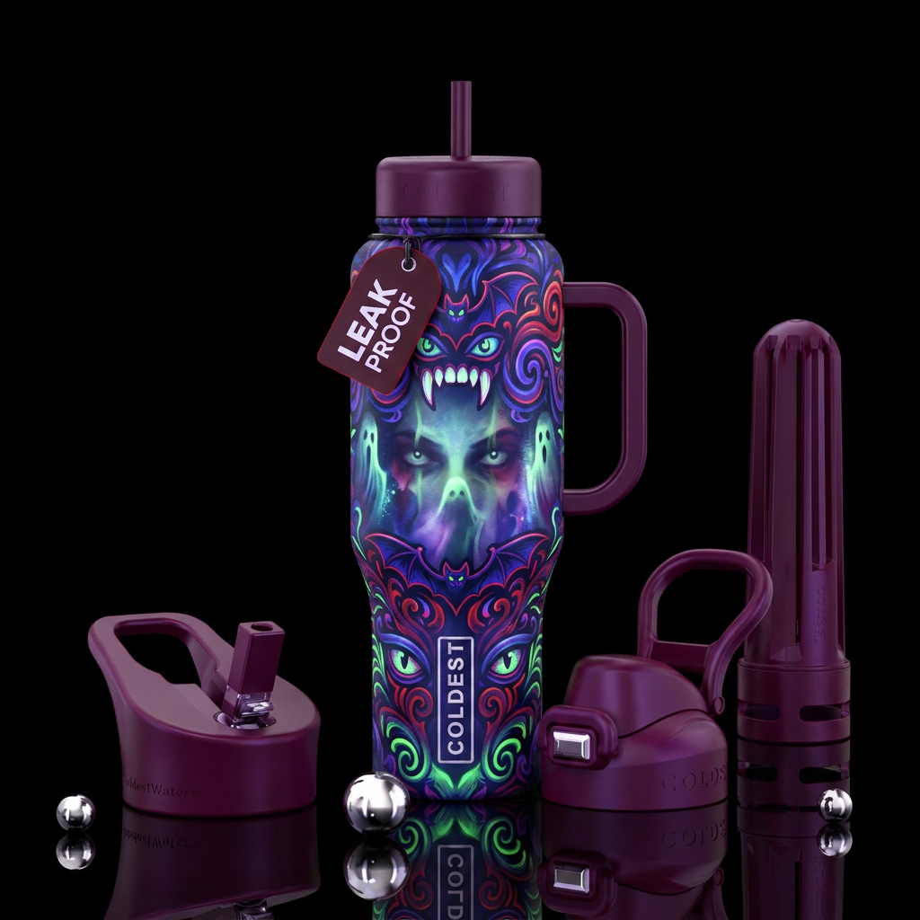 glowie, haunted, psychedelic, vampire water bottle design