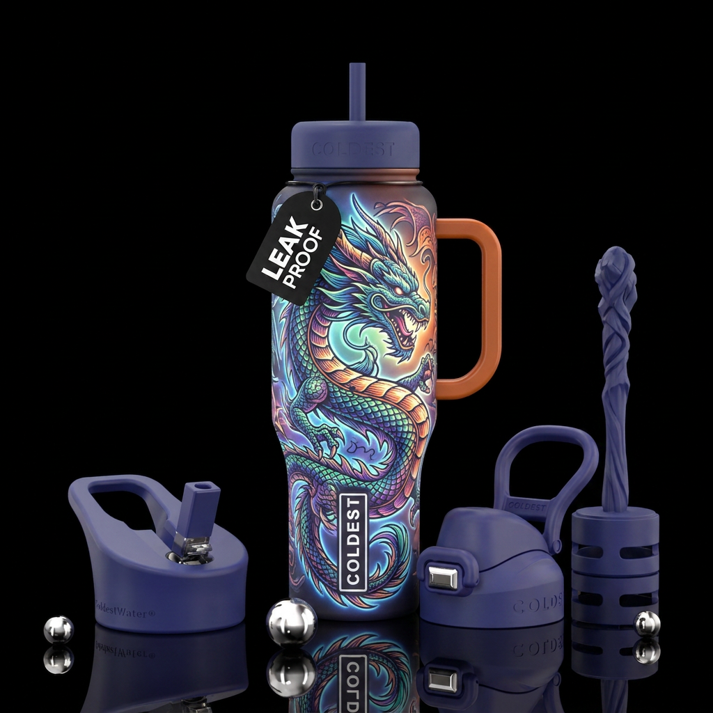 glowie, funny,, fantasy, tattoo style, dragon water bottle design