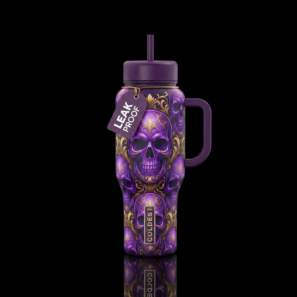 skulls,glowie ,purple and gold water bottle design