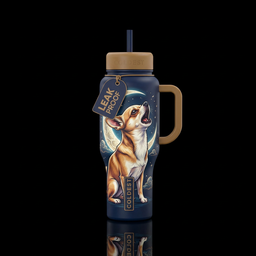 tan and white Chihuahua Howling to The Moon water bottle design